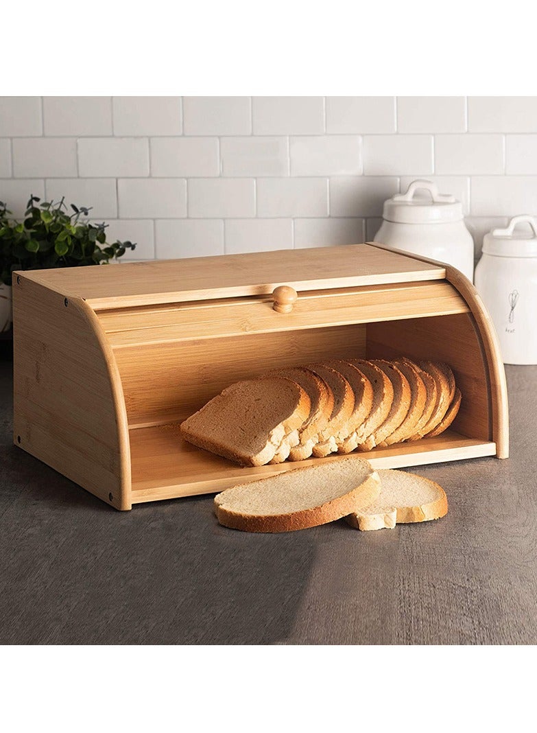 Bamboo Bread Box for Kitchen Countertop, Large Wooden Food Keeper W/Rolling Lid, Vintage Storage Bin for Bagels, Muffins, Cupcakes