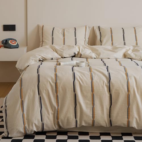 mixinni Cotton Linen Jacquard Duvet Cover Set Queen, 3-Piece Mid-Century Modern Bedding, Vintage Striped Bohemian Duvet Cover with 2 Pillowcases, All-Season Breathable Comforter Cover-Queen Size - Image 1