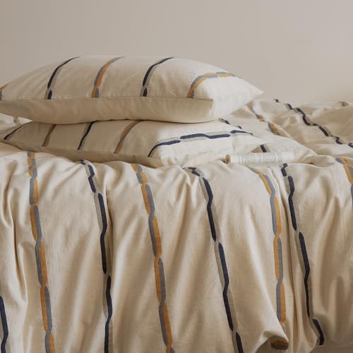 mixinni Cotton Linen Jacquard Duvet Cover Set Queen, 3-Piece Mid-Century Modern Bedding, Vintage Striped Bohemian Duvet Cover with 2 Pillowcases, All-Season Breathable Comforter Cover-Queen Size - Image 3