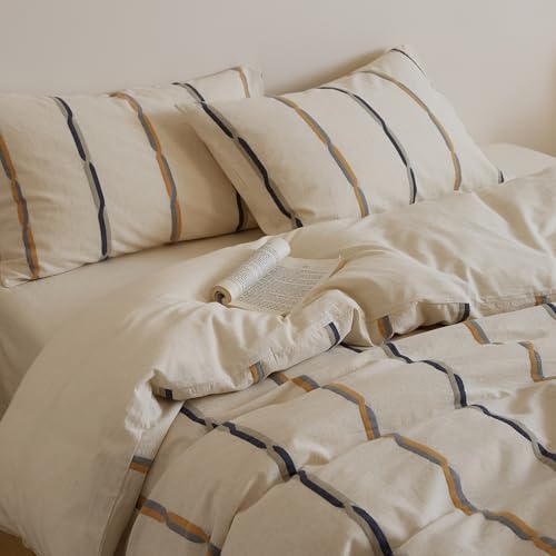 mixinni Cotton Linen Jacquard Duvet Cover Set Queen, 3-Piece Mid-Century Modern Bedding, Vintage Striped Bohemian Duvet Cover with 2 Pillowcases, All-Season Breathable Comforter Cover-Queen Size - Image 4