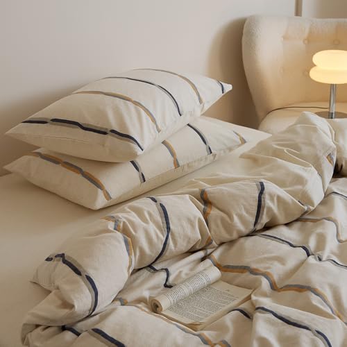 mixinni Cotton Linen Jacquard Duvet Cover Set Queen, 3-Piece Mid-Century Modern Bedding, Vintage Striped Bohemian Duvet Cover with 2 Pillowcases, All-Season Breathable Comforter Cover-Queen Size - Image 5