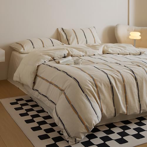 mixinni Cotton Linen Jacquard Duvet Cover Set Queen, 3-Piece Mid-Century Modern Bedding, Vintage Striped Bohemian Duvet Cover with 2 Pillowcases, All-Season Breathable Comforter Cover-Queen Size - Image 2
