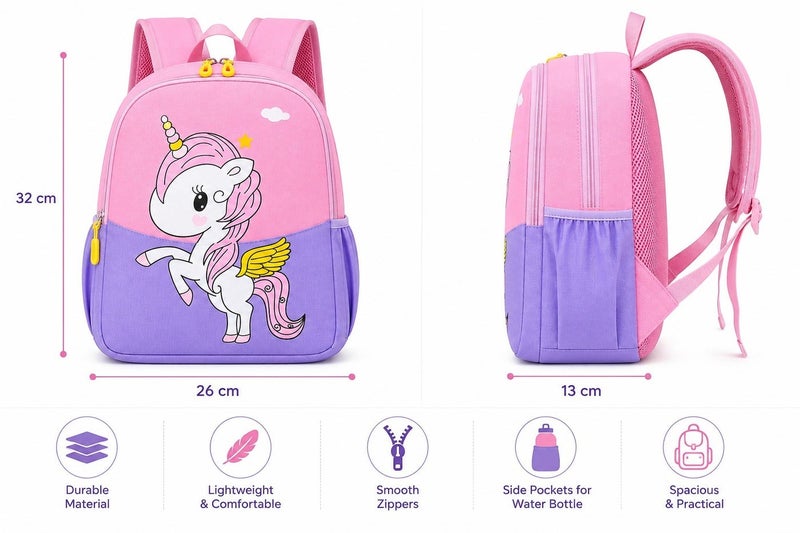 SamoDani Kids Unicorn Backpack for Girls & Boys, Cute Cartoon School Bag for Toddlers Ages 3-6, Lightweight Waterproof Oxford Backpack with Zipper, Softback Preschool Bag - Image 3