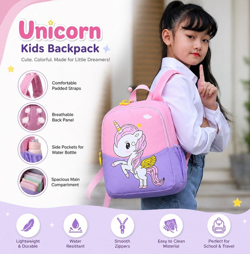 SamoDani Kids Unicorn Backpack for Girls & Boys, Cute Cartoon School Bag for Toddlers Ages 3-6, Lightweight Waterproof Oxford Backpack with Zipper, Softback Preschool Bag - Image 2