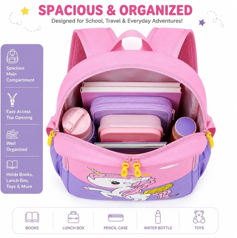 SamoDani Kids Unicorn Backpack for Girls & Boys, Cute Cartoon School Bag for Toddlers Ages 3-6, Lightweight Waterproof Oxford Backpack with Zipper, Softback Preschool Bag - Image 4