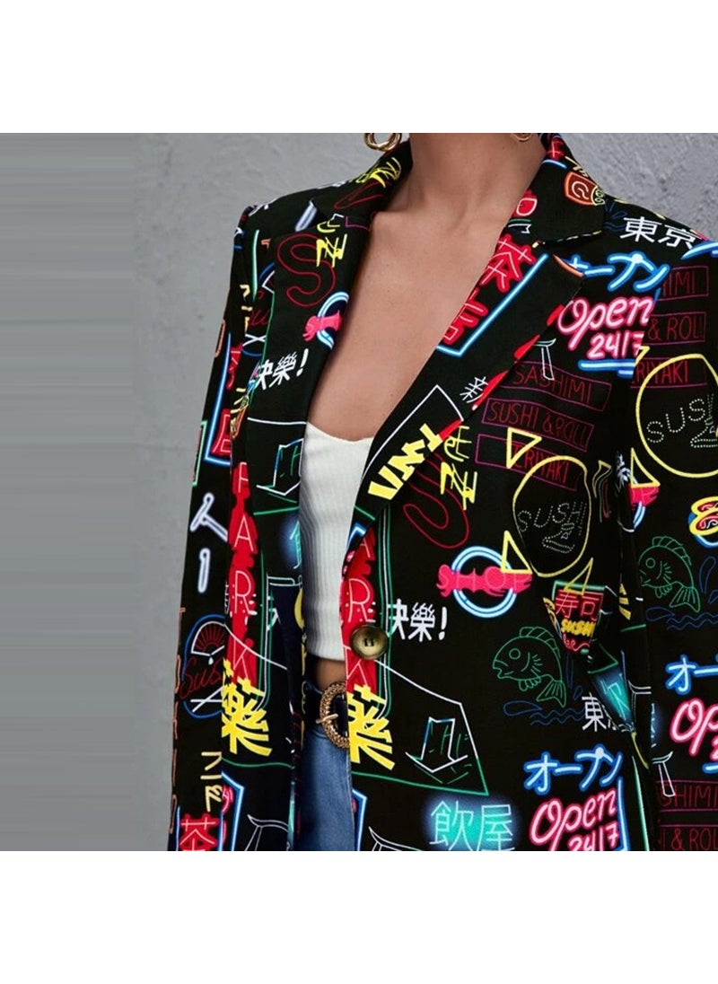 Generic - 2021 Fashion Womens Printed Blazer Jacket Black - Image 1