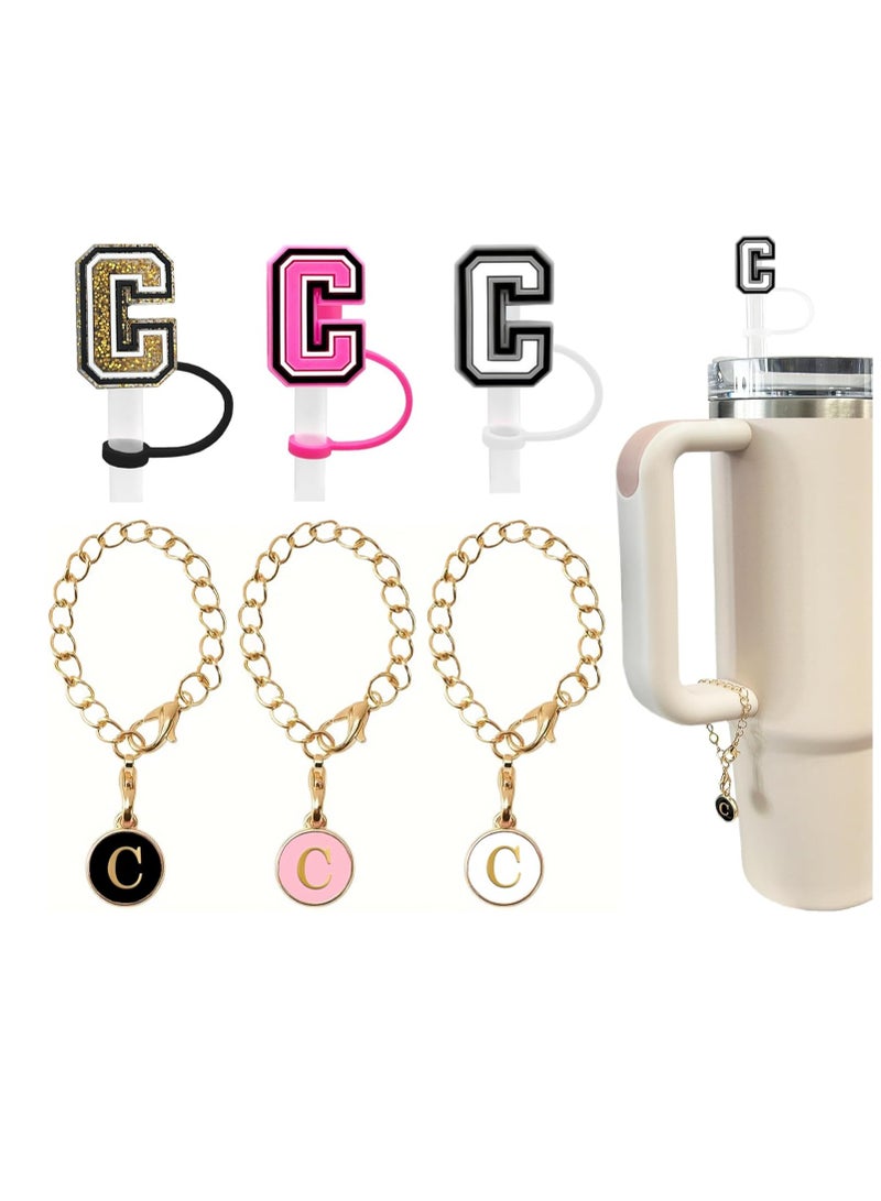 Mmmon 3PCS Straw Cover 10mm For Stanley Tumbler Cup Reusable Straw Cap Topper and 3 Initial Letter Charms C Handle Charm For Stanley 30 and 40 Oz Cup Tumbler - Image 1