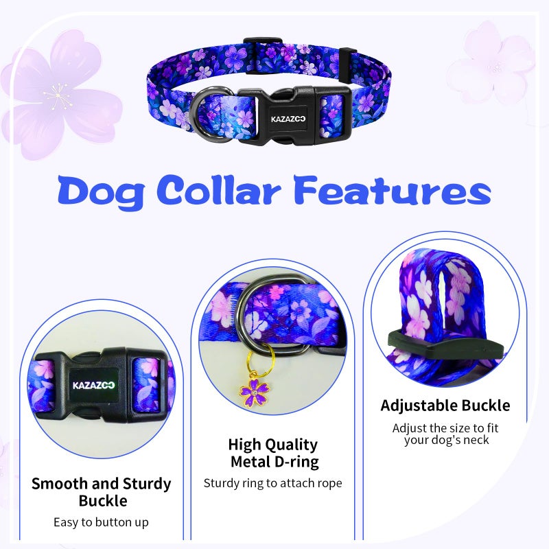 Kazazoo Dog Collar Cute and Soft Nylon Puppy Collar Girl, Adjustable Dog Collars for Small Medium Dogs, Purple Flowers-M - Image 2