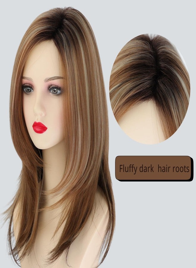 Fencca Layered Long Ombre Brown Highlight Wigs for White Women Straight Synthetic Hair Wig Natural Looking - Image 3