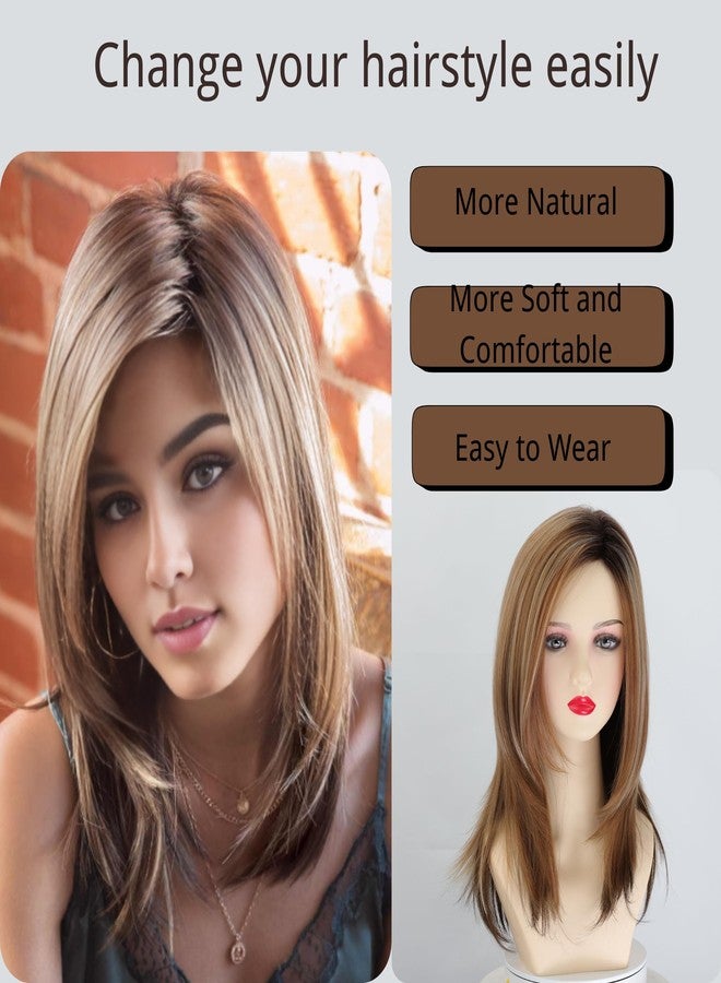 Fencca Layered Long Ombre Brown Highlight Wigs for White Women Straight Synthetic Hair Wig Natural Looking - Image 5