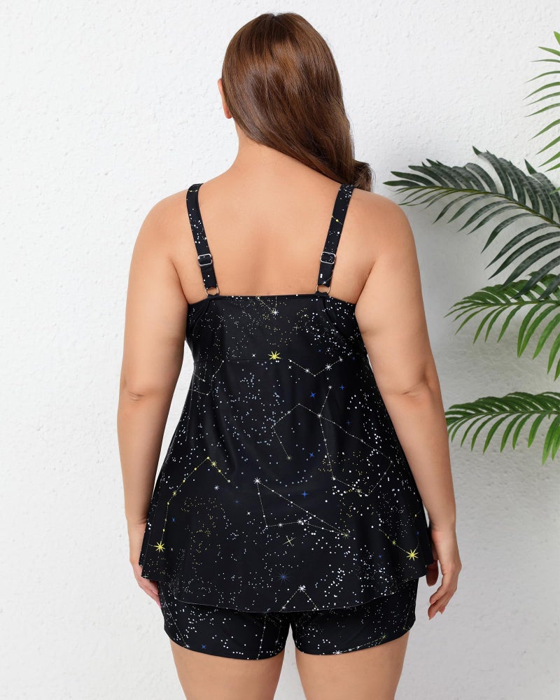 Halcurt Womens Plus Size Tummy Control Tankini Set Swimsuit Twist Front Swim Dress with Short Two Piece Bathing Suit Black Galaxy 1X - Image 3