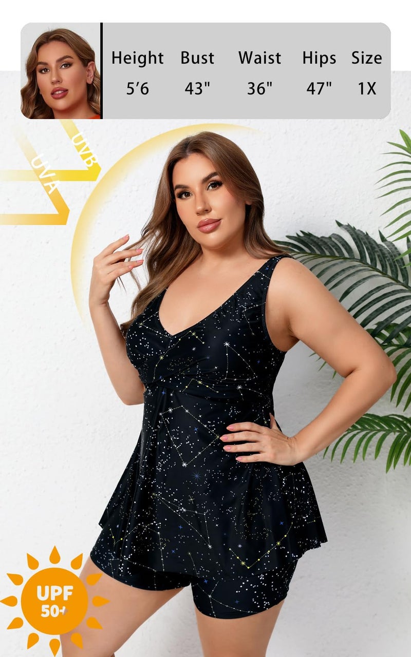 Halcurt Womens Plus Size Tummy Control Tankini Set Swimsuit Twist Front Swim Dress with Short Two Piece Bathing Suit Black Galaxy 1X - Image 4