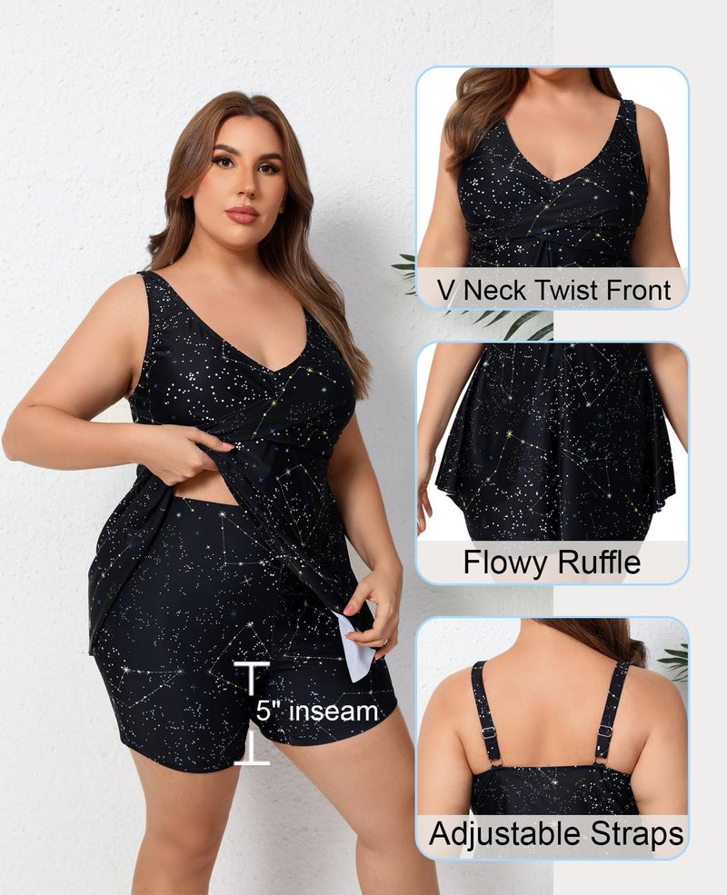 Halcurt Womens Plus Size Tummy Control Tankini Set Swimsuit Twist Front Swim Dress with Short Two Piece Bathing Suit Black Galaxy 1X - Image 5