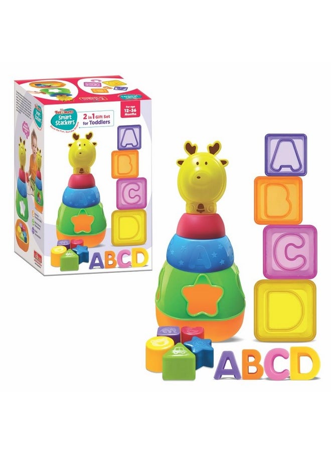 Toymate's Smart Stackers - A 2 in 1 Gift Set for Toddlers with Reindeer Stacking Rings with Shape Sorter and ABC Stacking Cubes Blocks Develops fine Motor Skills for 12 Months & Above