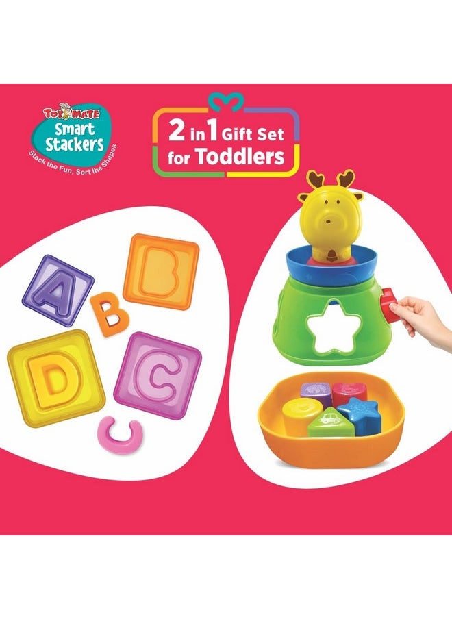 Toymate's Smart Stackers - A 2 in 1 Gift Set for Toddlers with Reindeer Stacking Rings with Shape Sorter and ABC Stacking Cubes Blocks Develops fine Motor Skills for 12 Months & Above
