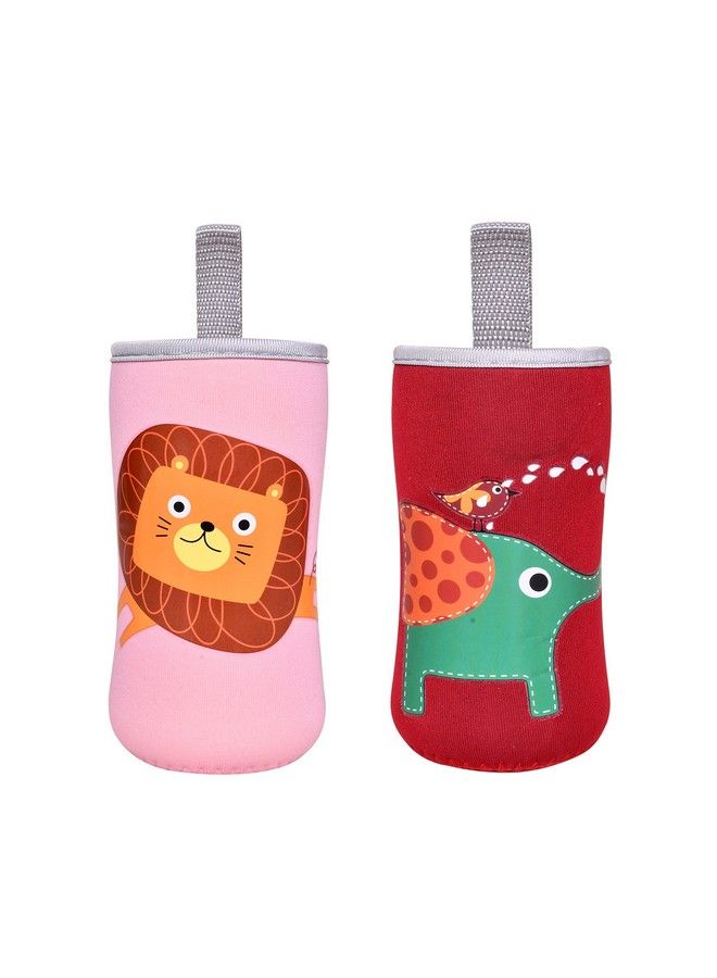 The Little Lookers Baby Feeding Bottle Covers Cute Animated Patterned & Soft Stretchable With Easy To Hold Strap For 120Ml 150Ml 240Ml (Lion & Elephant Pack Of 2)