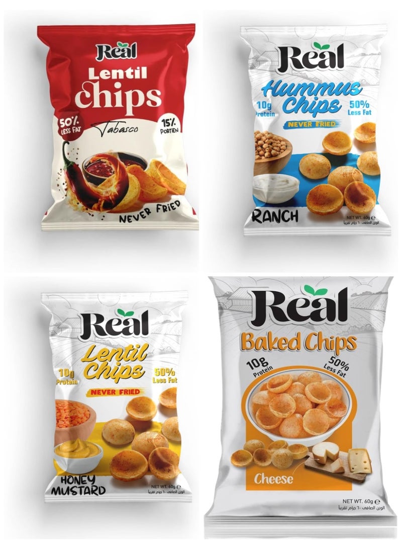 مجموعة الوجبات الخفيفة الحقيقية - عدس تاباسكو، خردل بالعسل، بطاطس مخبوزة بالجبنة وحمص رانش