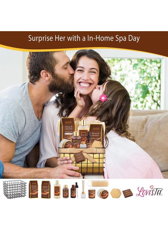Lovestee Mother's Day Spa Gift Baskets For Women, Honey Almond Body Set, Birthday Gift - Shower Gel, Bubble Bath, Body Butter, Bath Salt, Oil, Candle, Caviar, Soap, Home Diffuser, Scrubber  - Image 5