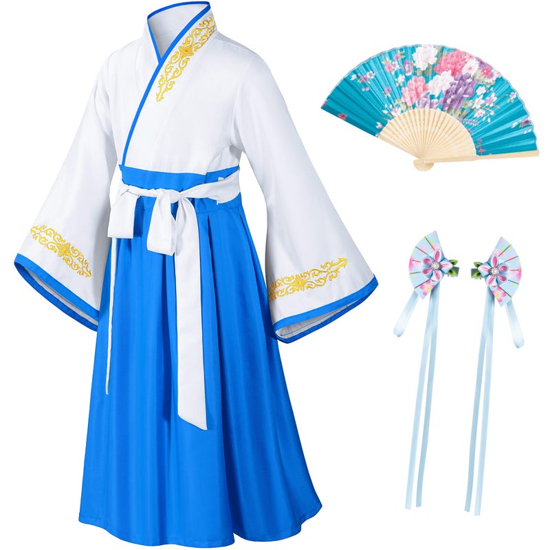 Asian Traditional Dress Kimono Robe for Kids Girls Costume Silk Folding Fans hairstick CosplayWhite Blue110cm