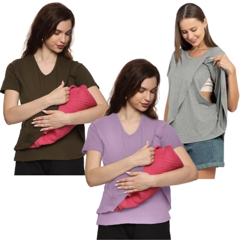 KIKWIT Maternity Feeding Tops Without Zip for Women, Feeding Coverup Pregnancy Tshirt,Feeding T-Shirt for Easy Nursing & Breastfeeding.(Pack of 3) - Image 1