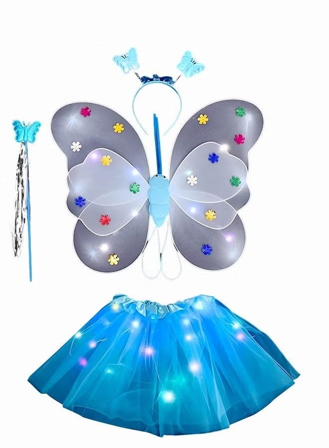 4 PCS LED Glowing Butterfly Wings Back Decoration with 1 Headband 1 Skirt 1 Fairy Stick for Little Girl,Light Up luminous Costume for Party Photo Prop Party Favor (Blue) - Image 1