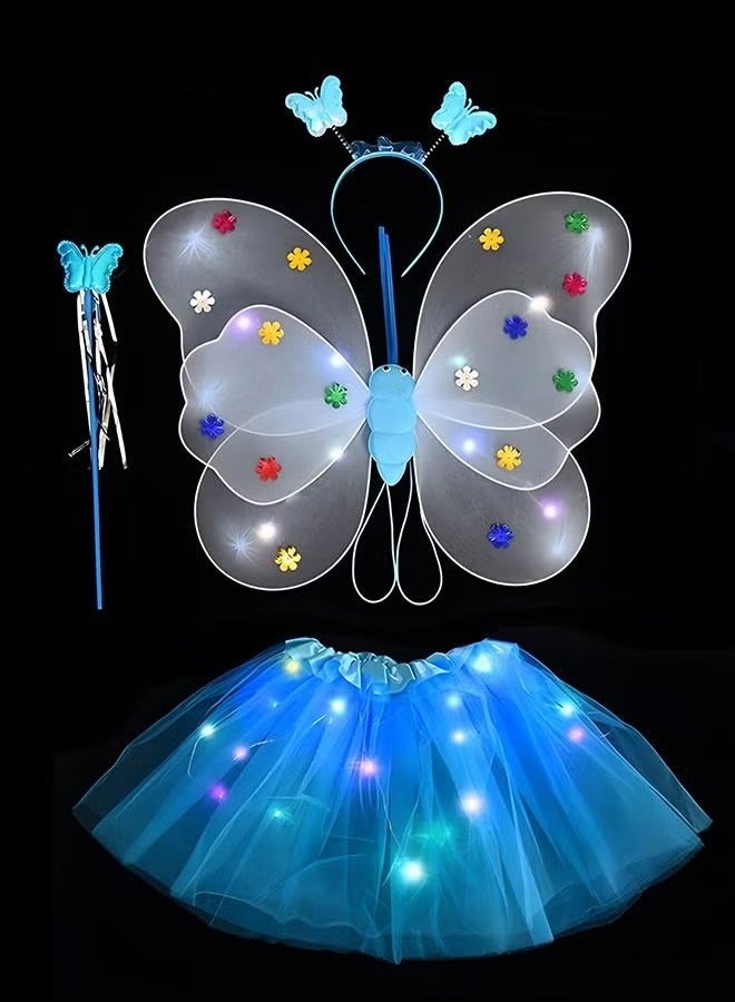 4 PCS LED Glowing Butterfly Wings Back Decoration with 1 Headband 1 Skirt 1 Fairy Stick for Little Girl,Light Up luminous Costume for Party Photo Prop Party Favor (Blue) - Image 2