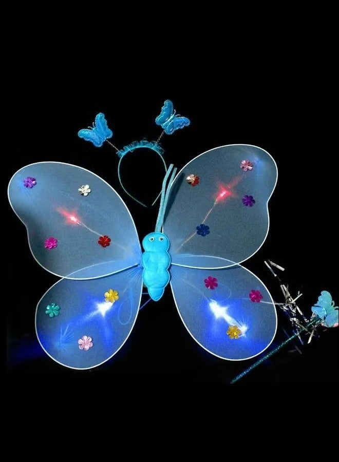 4 PCS LED Glowing Butterfly Wings Back Decoration with 1 Headband 1 Skirt 1 Fairy Stick for Little Girl,Light Up luminous Costume for Party Photo Prop Party Favor (Blue) - Image 5