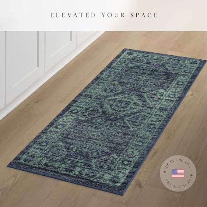Maples Rugs Georgina Traditional Runner Rug  Made in USA  Washable, Non Slip Indoor Carpet for Hallway, Kitchen, and Laundry Room, 2' x 6', Navy Blue/Green - Image 5