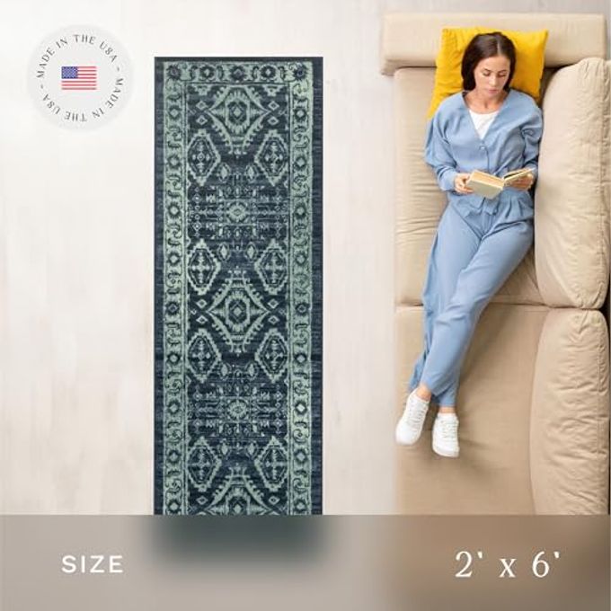 Maples Rugs Georgina Traditional Runner Rug  Made in USA  Washable, Non Slip Indoor Carpet for Hallway, Kitchen, and Laundry Room, 2' x 6', Navy Blue/Green - Image 3