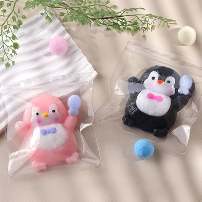 Anboor Penguin Squishies Toy Pack of 2 - 8 cm Cute Soft Penguin Stress Ball Squeeze Sensory Toys for Stress Relief, Kawaii Party Gifts for Kids and Adults (Black & Pink) - Image 2