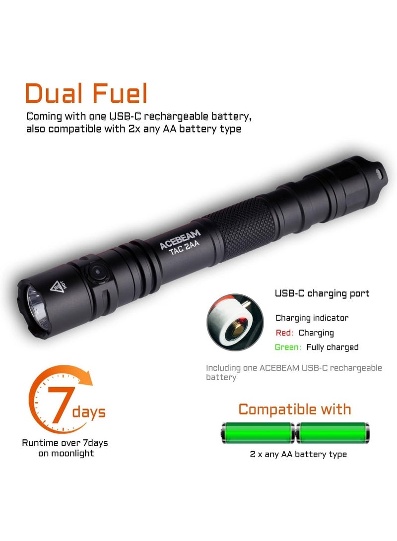 ACEBEAM TAC 2AA Tactical Flashlight, 1600 High Lumens, Dual Modes, Rechargeable LED Pocket Light for Emergency, Camping, Home - Image 4