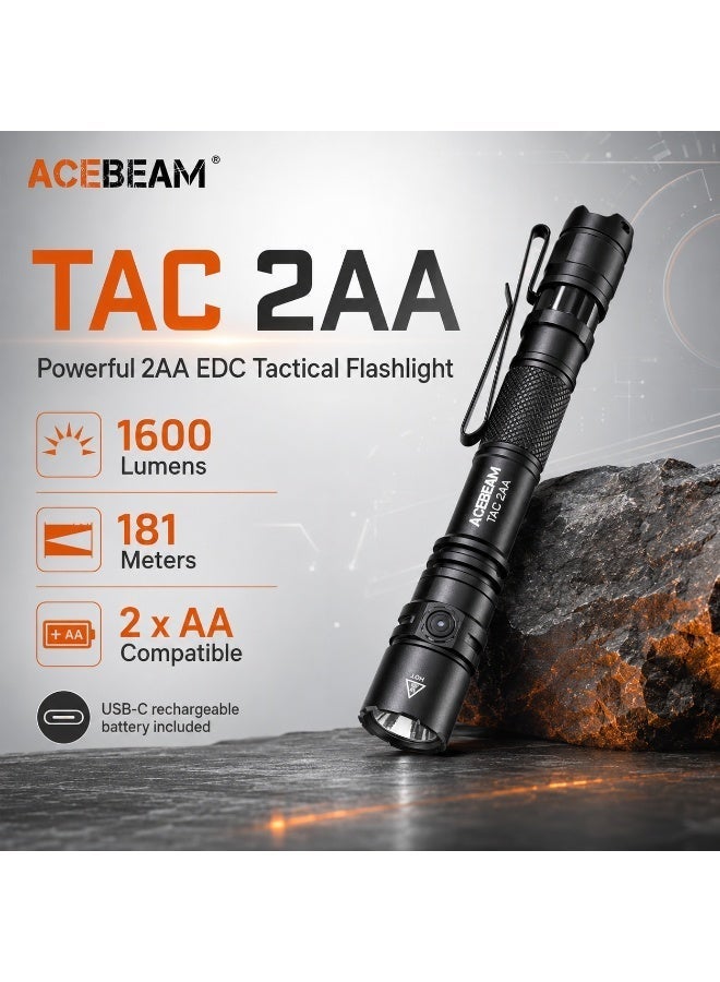 ACEBEAM مصباح يدوي تكتيكي ACEBEAM TAC 2AA، 1600 لومن عالي، وضعان، ضوء LED قابل لإعادة الشحن بحجم الجيب للطوارئ والتخييم والمنزل - Image 1