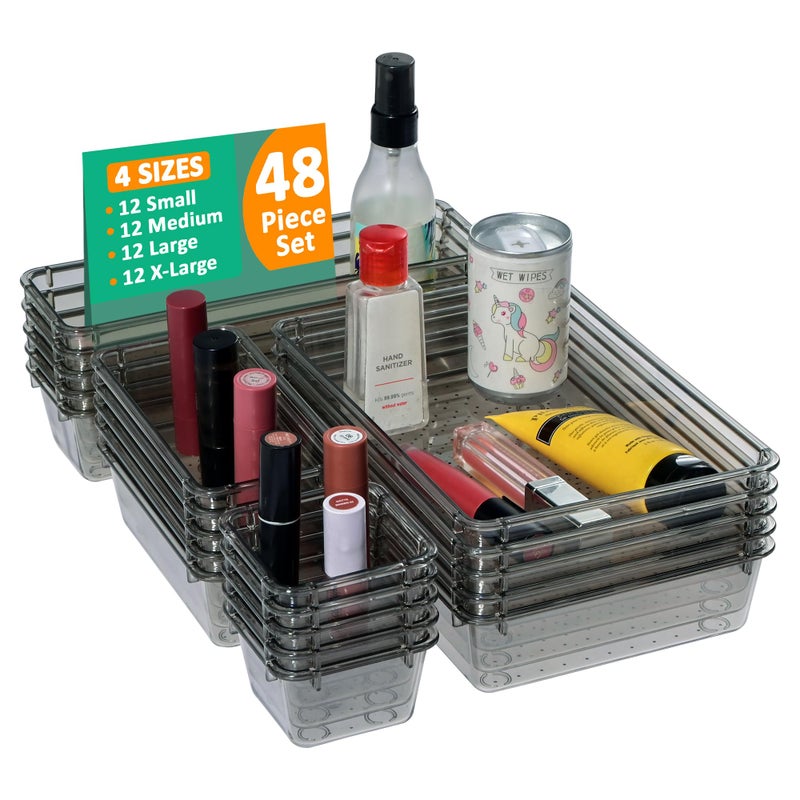 Kuber Industries 48 Pcs Acrylic Transparent Cosmetic Organizer Tray | Drawers Organisers for Kitchen, Office and Bathroom Vanity Makeup | Stationery Storage Drawer Divider Tray | Black - Image 1