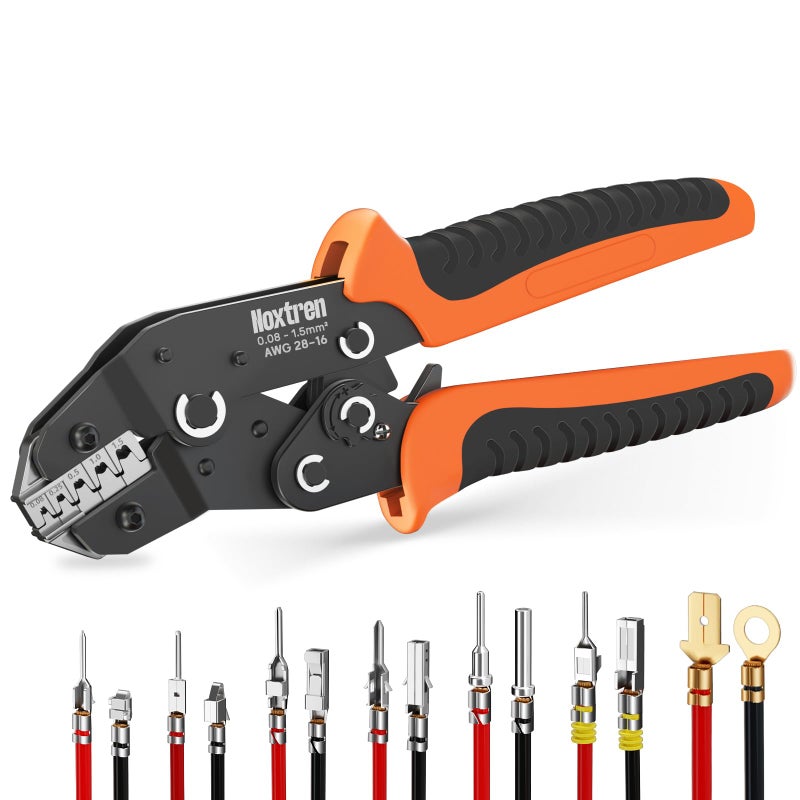 Noxtren 5-in-1 Wire Crimping Tool, AWG 28â€“16 Ratcheting Crimper for Non-Insulated Open Barrel Terminals â€“ Fits Deutsch, Delphi, AMP, JST, Dupont, Molex, TE & More Automotive Wire Connectors - Image 1