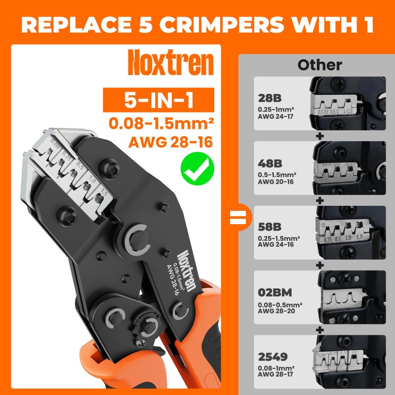 Noxtren 5-in-1 Wire Crimping Tool, AWG 28â€“16 Ratcheting Crimper for Non-Insulated Open Barrel Terminals â€“ Fits Deutsch, Delphi, AMP, JST, Dupont, Molex, TE & More Automotive Wire Connectors - Image 3