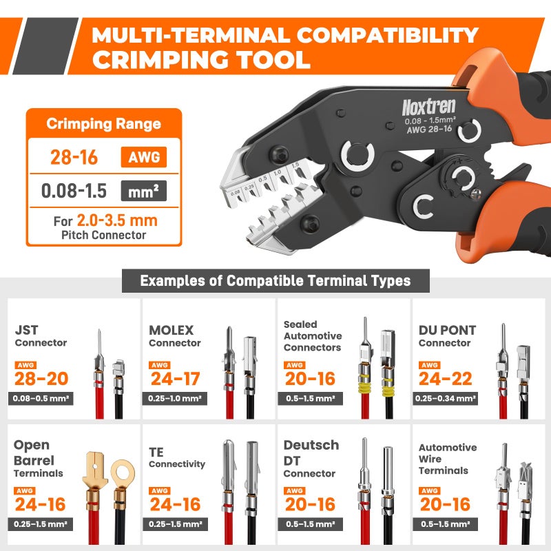 Noxtren 5-in-1 Wire Crimping Tool, AWG 28â€“16 Ratcheting Crimper for Non-Insulated Open Barrel Terminals â€“ Fits Deutsch, Delphi, AMP, JST, Dupont, Molex, TE & More Automotive Wire Connectors - Image 2