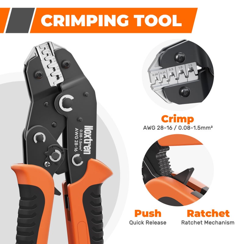 Noxtren 5-in-1 Wire Crimping Tool, AWG 28â€“16 Ratcheting Crimper for Non-Insulated Open Barrel Terminals â€“ Fits Deutsch, Delphi, AMP, JST, Dupont, Molex, TE & More Automotive Wire Connectors - Image 4