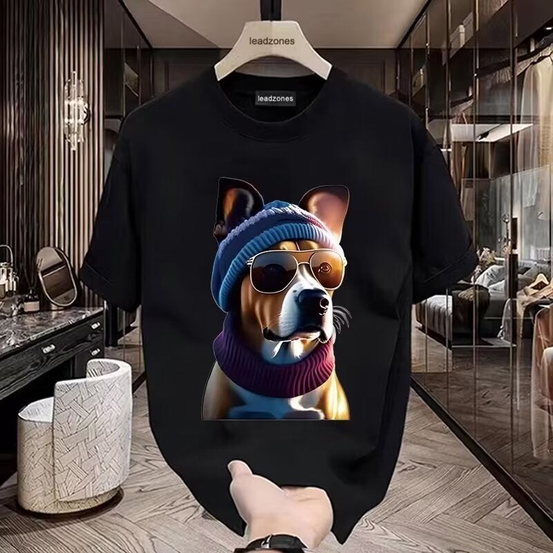 New Short-Sleeved Sunglasses Dog T-Shirt Men'S Summer Korean Style Trendy Simple Half-Sleeved Top Slim-Fit Casual Trendy Brand T-Shirt - Image 1