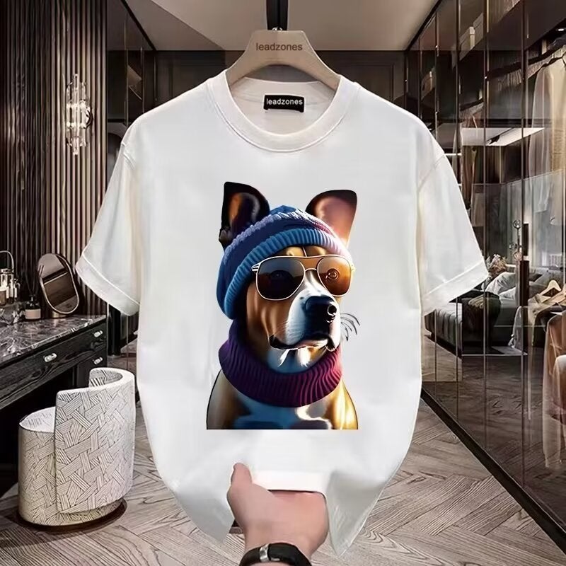 New Short-Sleeved Sunglasses Dog T-Shirt Men'S Summer Korean Style Trendy Simple Half-Sleeved Top Slim-Fit Casual Trendy Brand T-Shirt - Image 3