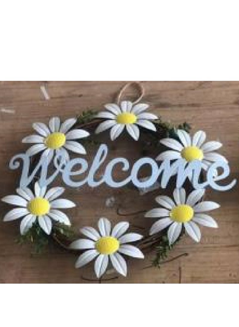 Decorhills 1 Pcs Metal Flower Wreath Welcome Sign for Front Door Porch Decor Farmhouse Hanging Rustic Wall Art Decoration for Home Garden Office Indoor Outdoor - White