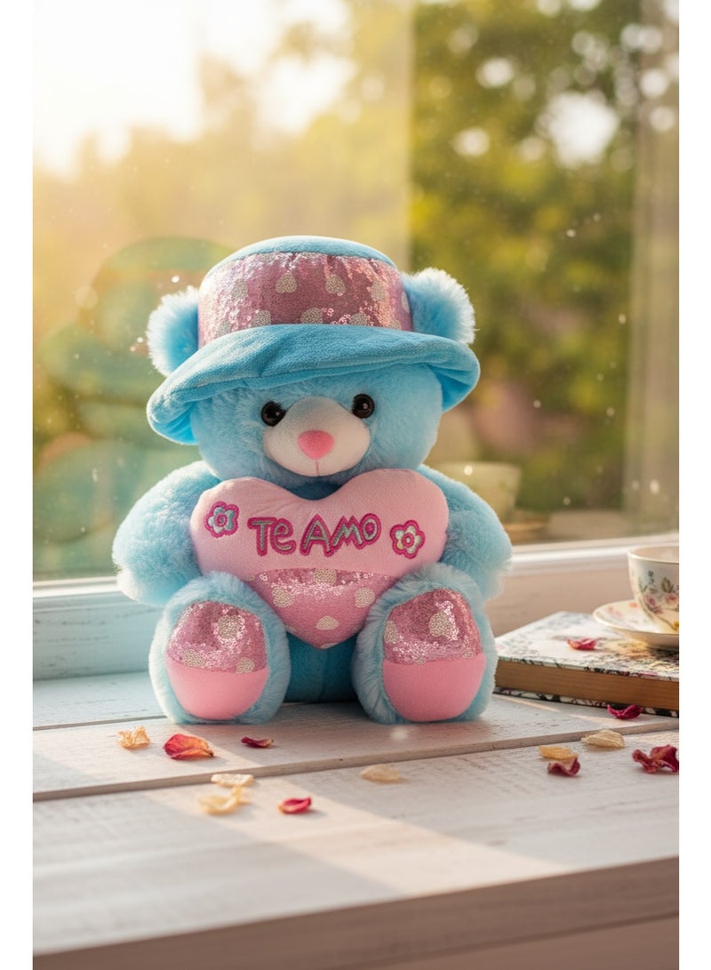 Here’s the Arabic translation for your text:  **دب تيدي أزرق ناعم من القطيفة قابل للعناق مع قلب وردي وقبعة | هدية رومانسية ناعمة للأزواج والأطفال** - Image 3