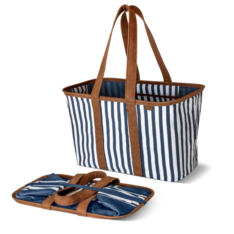 CleverMade Collapsible LUXE Tote - Navy Striped 1 Pack 30L / 8 Gal - Reusable Grocery Shopping Storage Bag Organizer w/ Handles Reinforced Bottom - Image 1