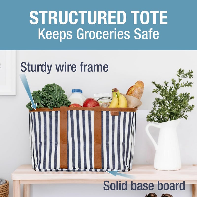 CleverMade Collapsible LUXE Tote - Navy Striped 1 Pack 30L / 8 Gal - Reusable Grocery Shopping Storage Bag Organizer w/ Handles Reinforced Bottom - Image 2