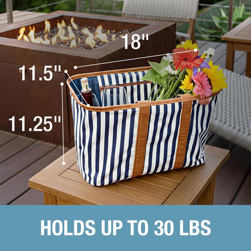 CleverMade Collapsible LUXE Tote - Navy Striped 1 Pack 30L / 8 Gal - Reusable Grocery Shopping Storage Bag Organizer w/ Handles Reinforced Bottom - Image 5