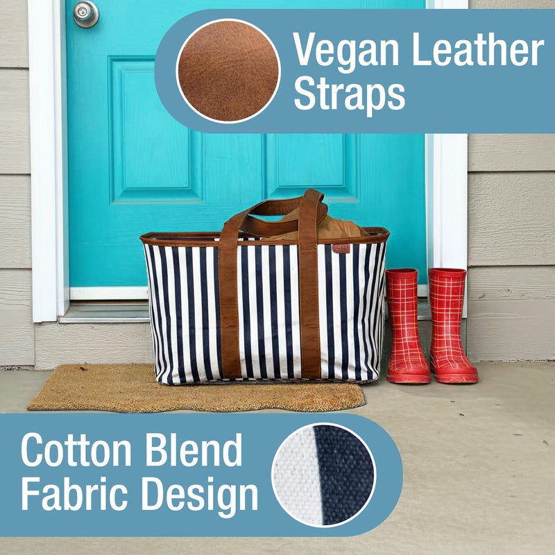 CleverMade Collapsible LUXE Tote - Navy Striped 1 Pack 30L / 8 Gal - Reusable Grocery Shopping Storage Bag Organizer w/ Handles Reinforced Bottom - Image 4