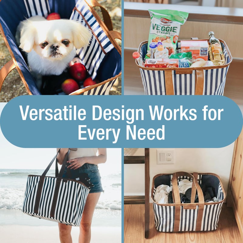 CleverMade Collapsible LUXE Tote - Navy Striped 1 Pack 30L / 8 Gal - Reusable Grocery Shopping Storage Bag Organizer w/ Handles Reinforced Bottom - Image 3