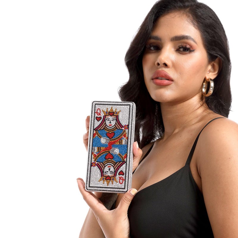 Boutique De FGG حقائب يد كريستالية من بوتيك دي إف جي، حقائب مسائية وحقائب كلاتش للنساء مزينة بحجر الراين الأحمر، مثالية للحفلات والكازينوهات، ميني، ملكة القلوب - Image 4