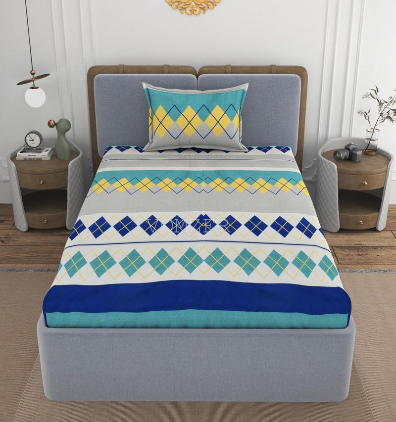 VOMZER 300 Tc Elastic Fitted Bedsheets Single Bed With 1 Pillow Cover | All Around Elastic, Size 36 X 72 10 Inches (Blue Boxprinted, Single) - Image 1