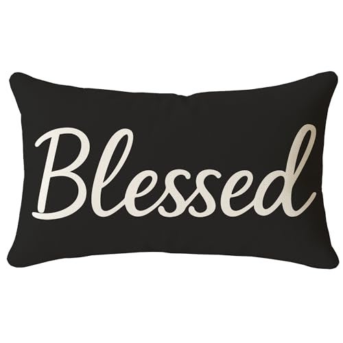 HERHOME Decorative Throw Pillow Covers 12x20 Inch Black White – Blessed Lumbar Cushion Case Outdoor Modern Farmhouse Decorations Sign for Couch Sofa Porch Patio Bedroom Decor - Image 1