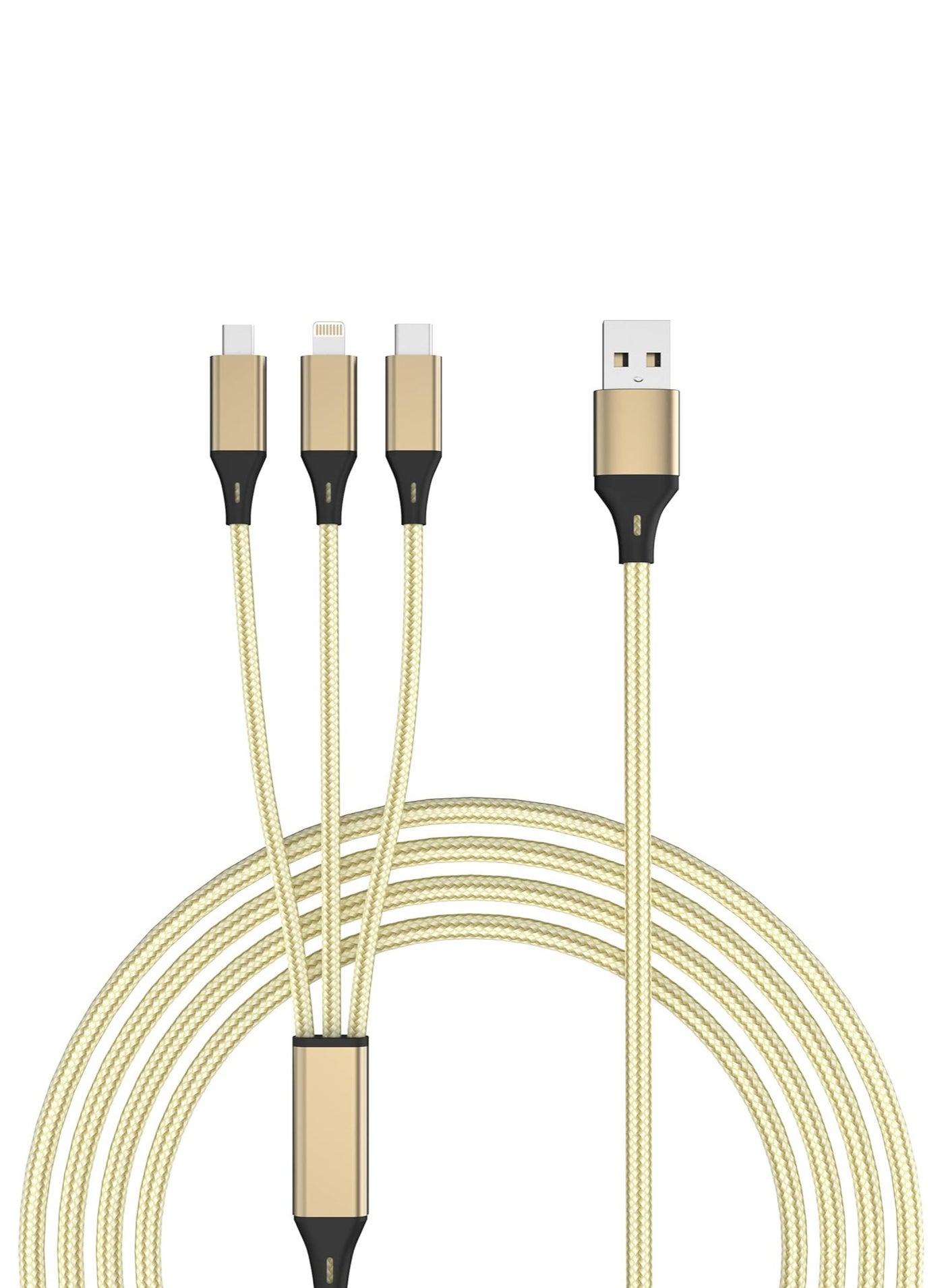 Multi USB Charger Cable, 3 in 1 Nylon Braided Multiple USB Fast Charging Cable Port Connectors Compatible with Cell Phones Tablets Universal Use(1.2 Meters - Gold